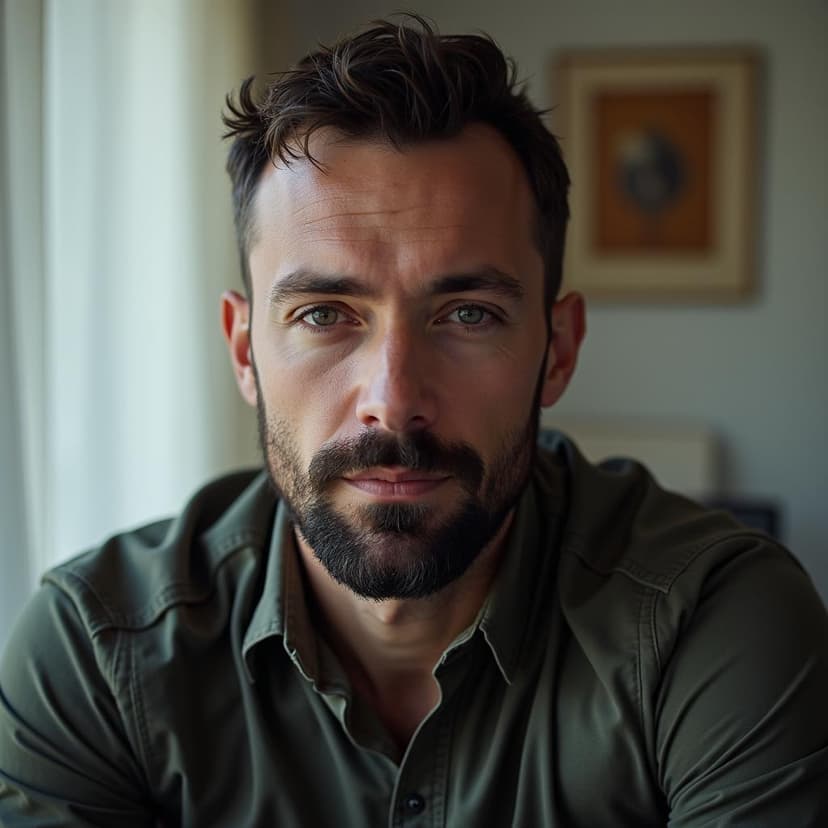 Professional portrait of a man in casual attire with natural window lighting