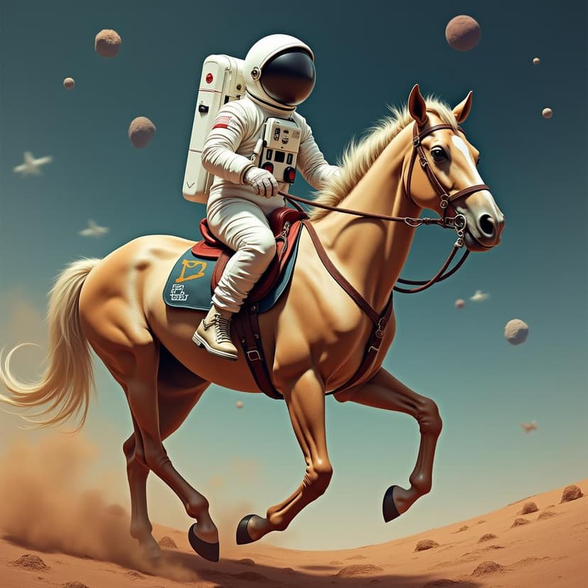 An astronaut riding a horse in a desert with floating planets, digital art style