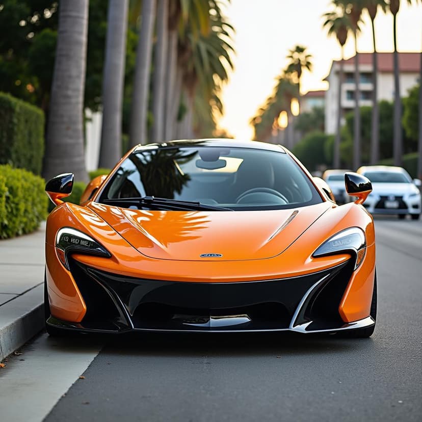 McLaren supercar in orange, parked in Beverly Hills with palm trees at sunset