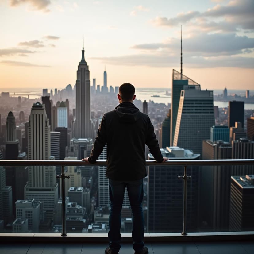 Man overlooking Manhattan skyline during sunset from observation deck