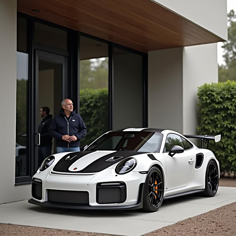 White Porsche GT3 RS with black racing stripe, architectural background