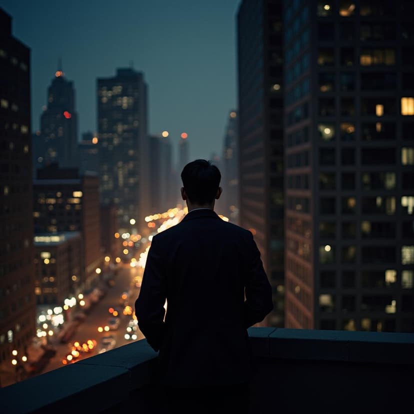 A man standing on a balcony overlooking NYC at night with city lights bokeh